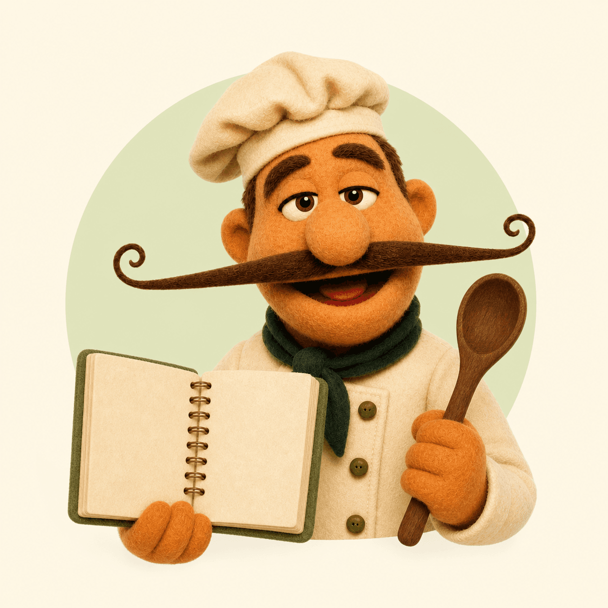 Pepé holding a recipe notebook and wooden spoon