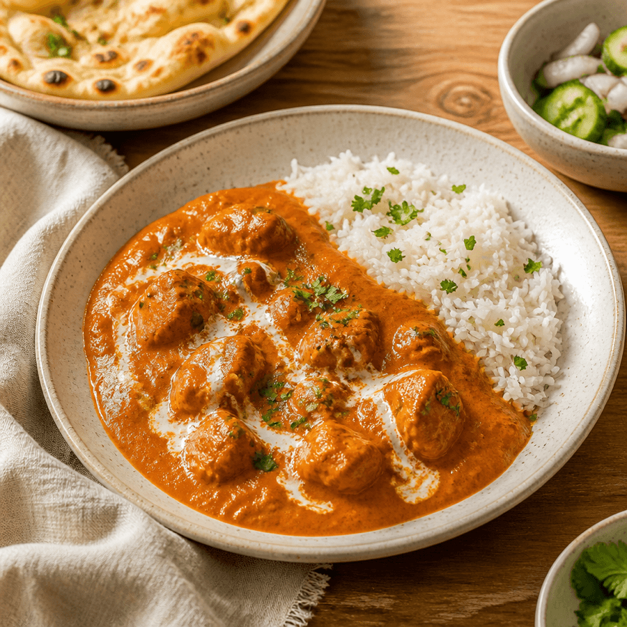 Serving suggestion for a butter chicken dinner